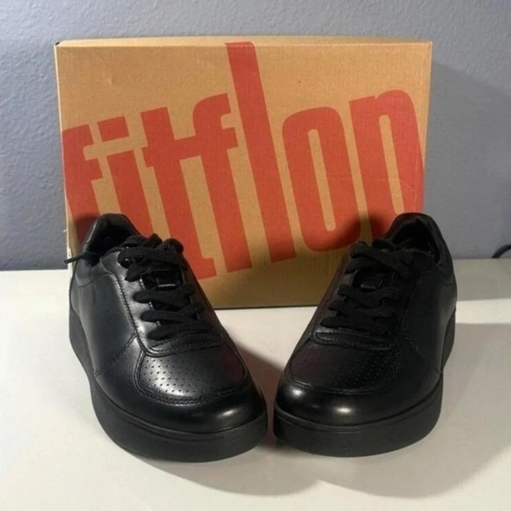 FitFlop Womens Black Leather Lace‎ Up Sneakers Comfort Shoes 5